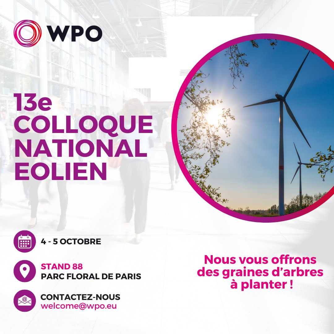 [J-1]

📣 Plus qu’un jour avant le 13e Colloque National Eolien organisé par <a href="/f_renouvelables/">France renouvelables</a>.

Rendez-vous ces 4 et 5 octobre au Parc Floral de Paris.

L’équipe de <a href="/WPO_EU/">WPO</a> sera ravie de vous accueillir au stand 88.

#WPO #CNE23