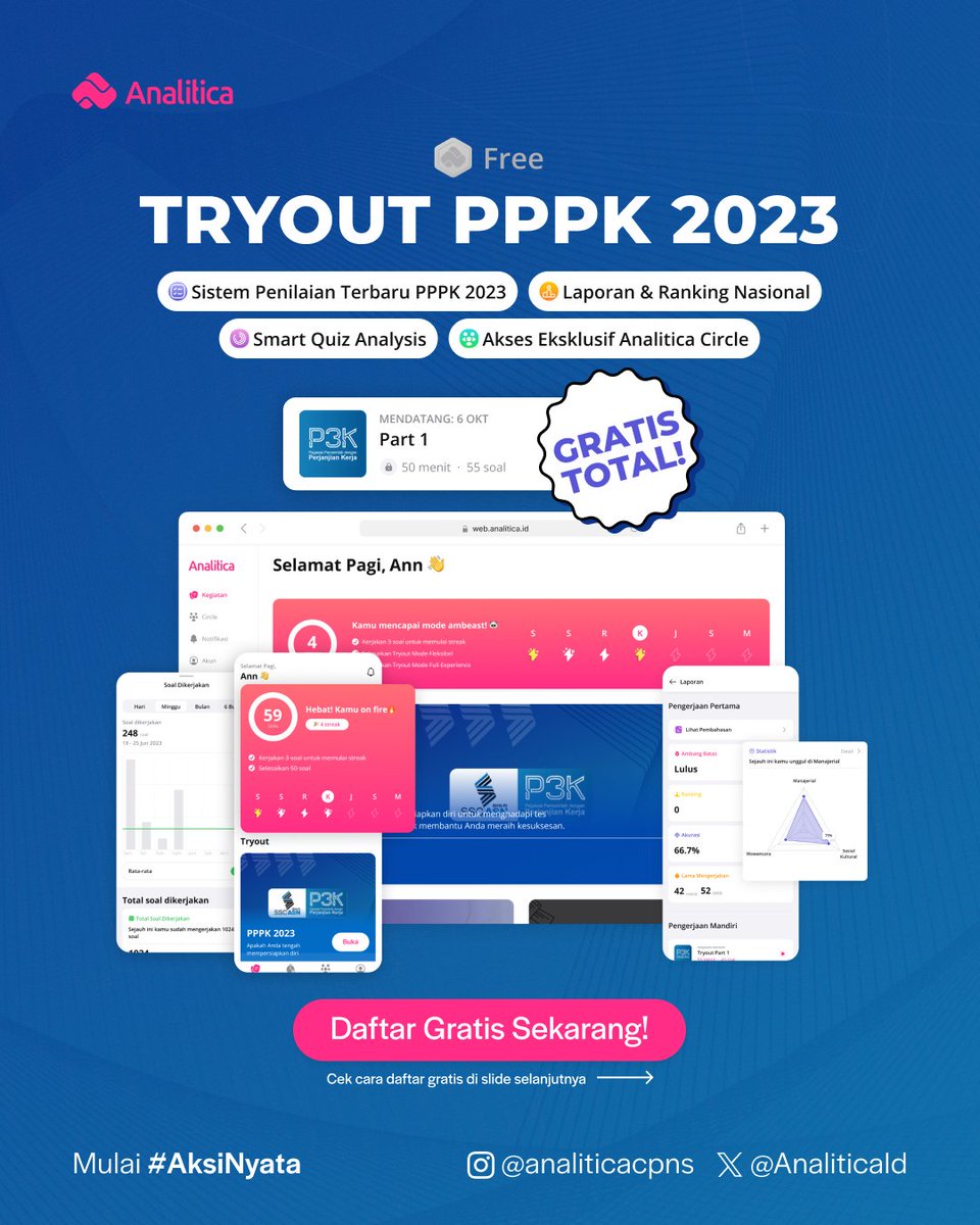 AnaliticaId's tweet photo. BARU GAES! Analitica kini punya tryout buat P3K 2023! 🥳
anddd,,,, Gratis loh!
Yuk ikuti tryout part 1 ini buat uji kemampuan sebelum tes bulan November nanti. 
Baca petunjuknya ==> https://t.co/gam5sWajZO