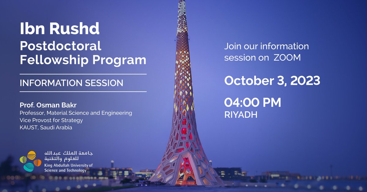 KAUST_News's tweet photo. Join us today for a virtual information session to learn more about #KAUST’s "Ibn Rushd Postdoctoral Fellowship” for Saudi scholars at globally recognized host institutions.
#KAUSTIbnRushd https://t.co/aQFM35CaI0