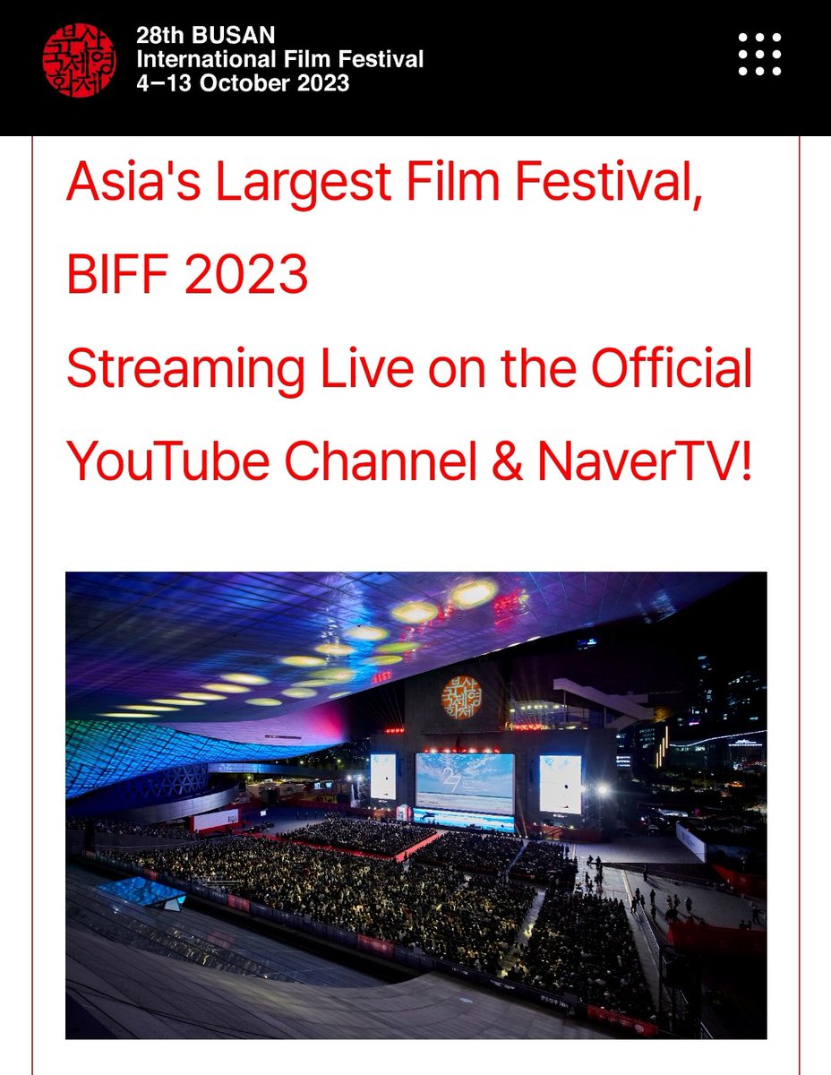 pebbunnyverse's tweet photo. ATTENTION!

Busan International Film Festival will be streaming live on BIFF official Youtube channel: https://t.co/nJBuK7TsEi

Opening Ceremony: October 4th
Host: Park Eun-Bin

Please be guided with the Ceremony Timetable

#BIFF2023
#ParkEunBin #박은빈 https://t.co/jqNTOo8nn5