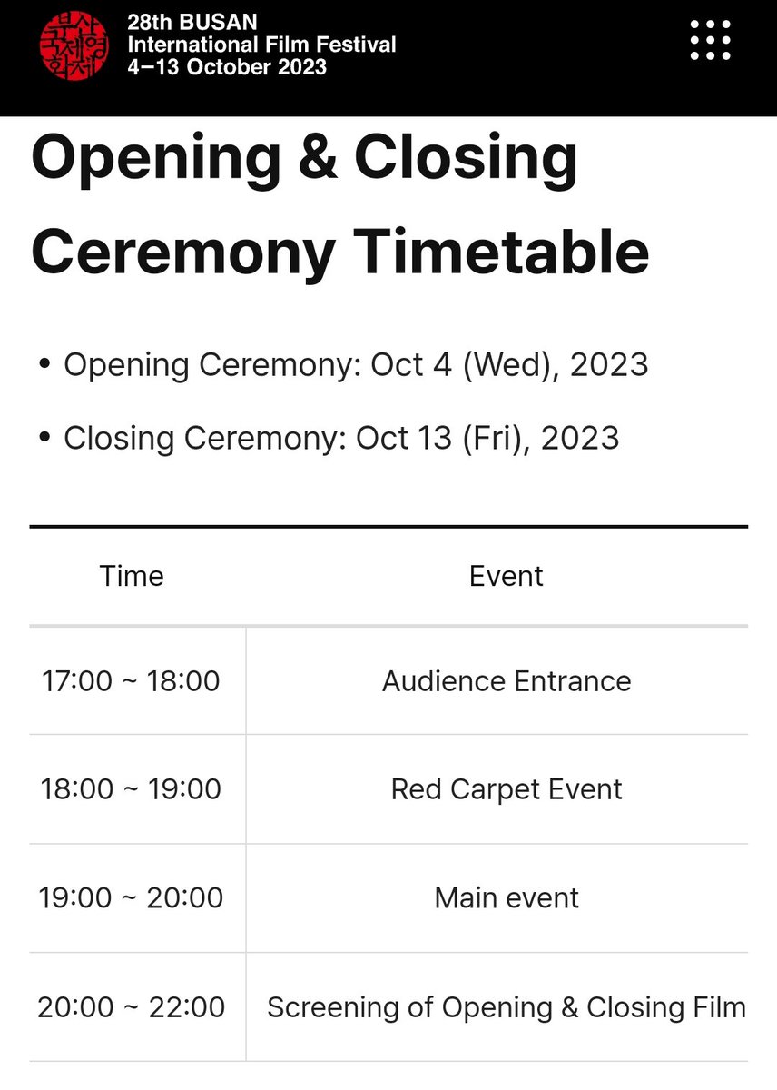 pebbunnyverse's tweet photo. ATTENTION!

Busan International Film Festival will be streaming live on BIFF official Youtube channel: https://t.co/nJBuK7TsEi

Opening Ceremony: October 4th
Host: Park Eun-Bin

Please be guided with the Ceremony Timetable

#BIFF2023
#ParkEunBin #박은빈 https://t.co/jqNTOo8nn5