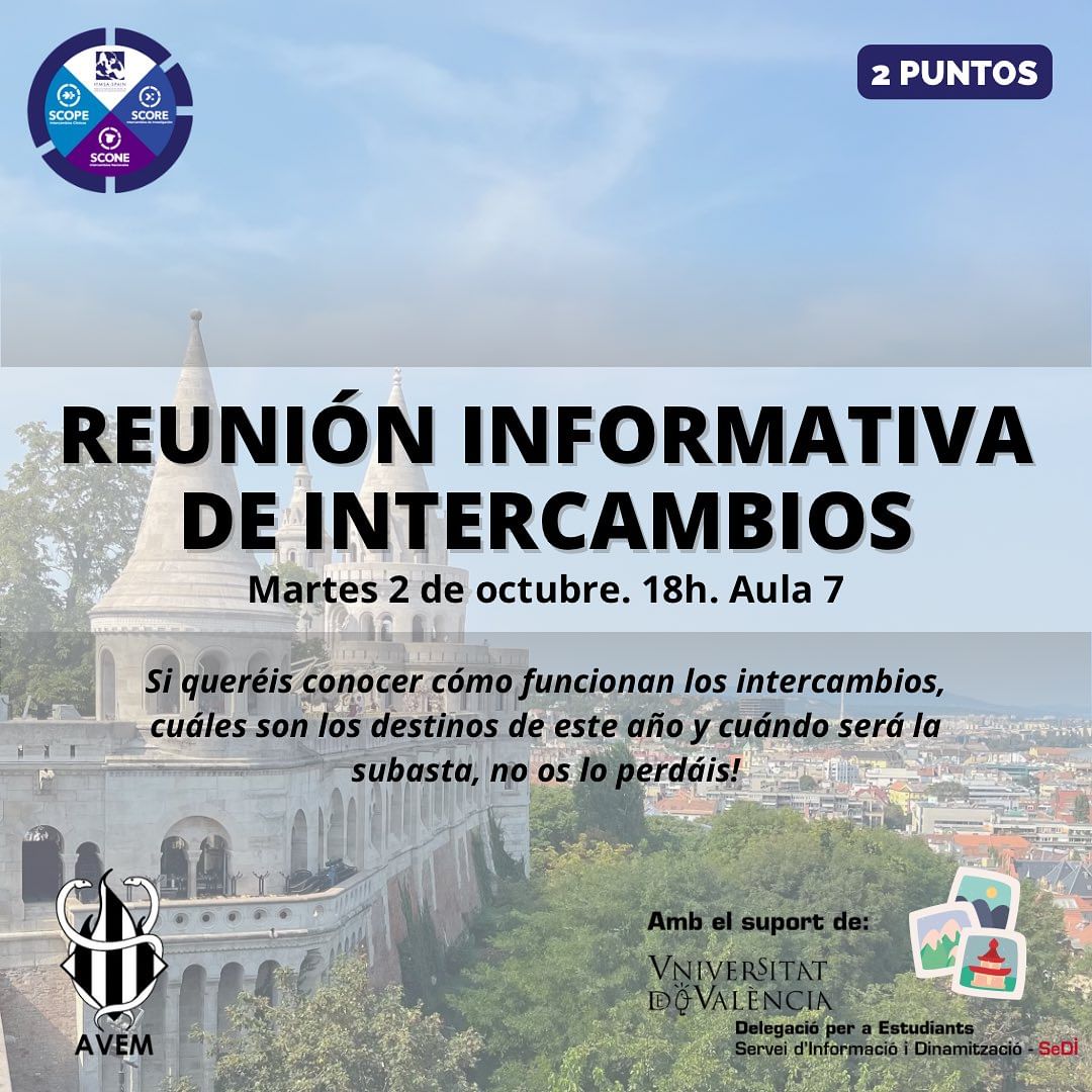 Y esto es hoy, ¡es hoy!🤩🤩

Conoce los programas de intercambio que AVEM oferta a través de <a href="/IFMSA/">IFMSA</a> y a qué destinos podrás viajar este año✈️🌎

¡Te esperamos en el Aula 7 de <a href="/medicina_uv/">Fac. Medicina i Odontologia UV</a> hoy a las 18:00!