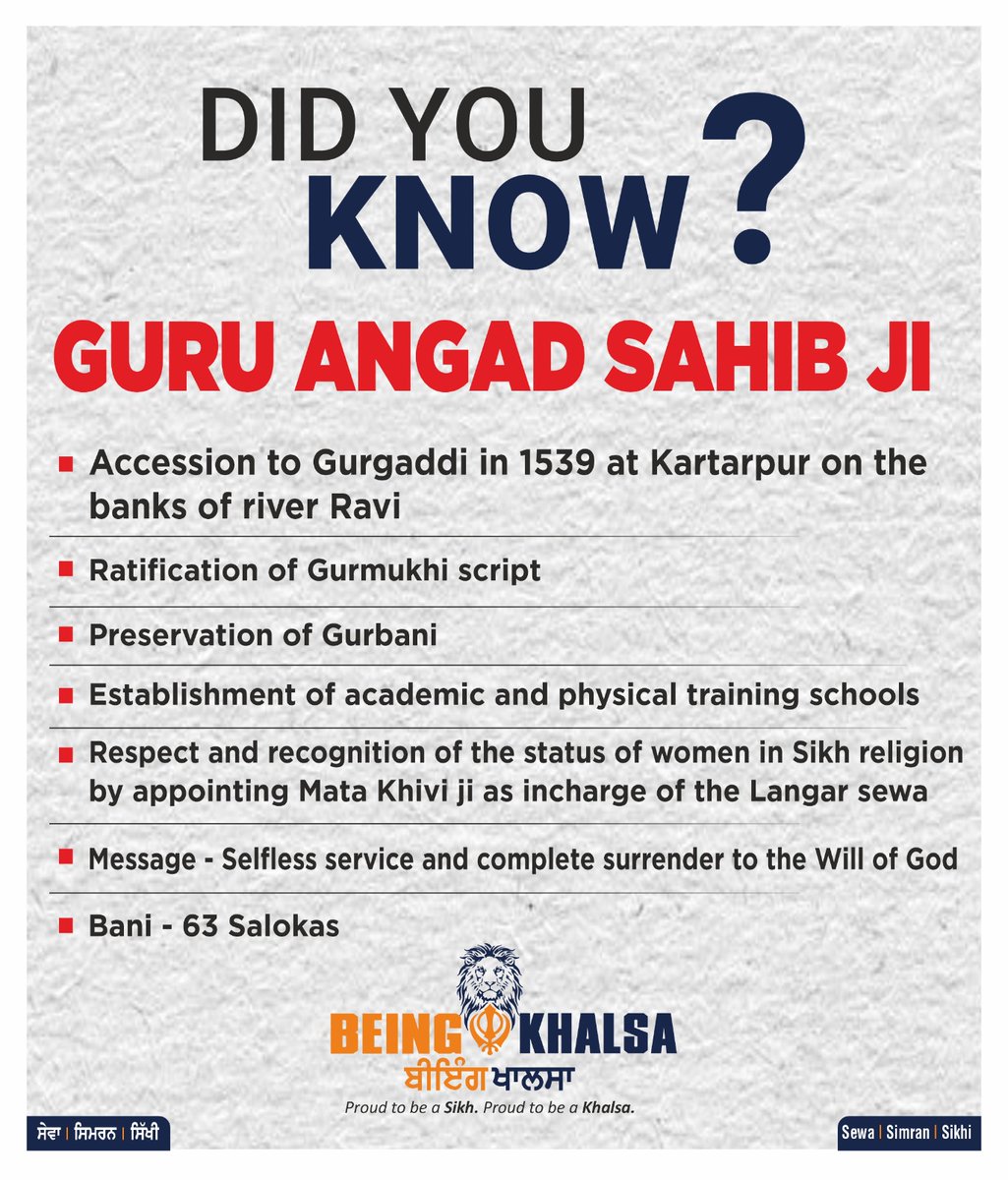 ਧੰਨ ਧੰਨ ਸ੍ਰੀ ਗੁਰੂ ਅੰਗਦ ਸਾਹਿਬ ਜੀ ਦੇ ਗੁਰਤਾਗੱਦੀ ਦਿਵਸ ਦੀਆਂ ਸਮੂਹ ਸੰਗਤਾਂ ਨੂੰ ਲੱਖ ਲੱਖ ਵਧਾਈਆਂ। 

#SriGuruAngadDevJi 
#GurgaddiDiwas