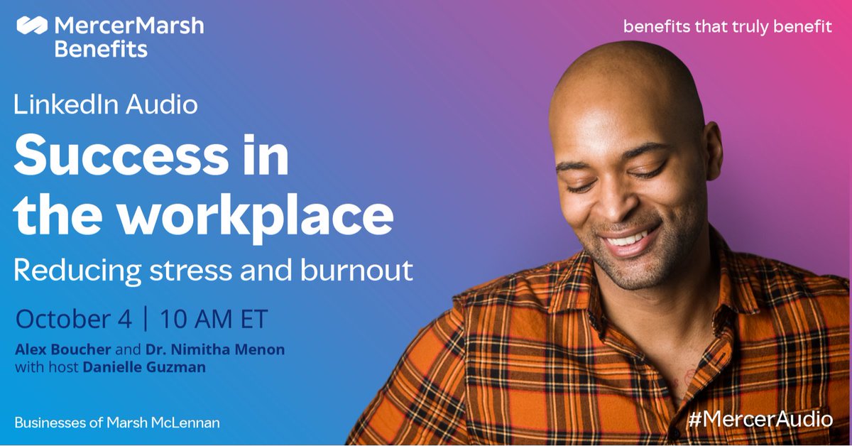 Join us for a #MercerAudio on October 4 with Alex Boucher and Dr Nimitha Menon with host <a href="/guzmand/">⭐️Danielle Guzman ⭐️</a> to learn how you can create a psychologically safe workplace to help all employees thrive.  #MentalHealth #EmployeeExperience bit.ly/3F2sALi