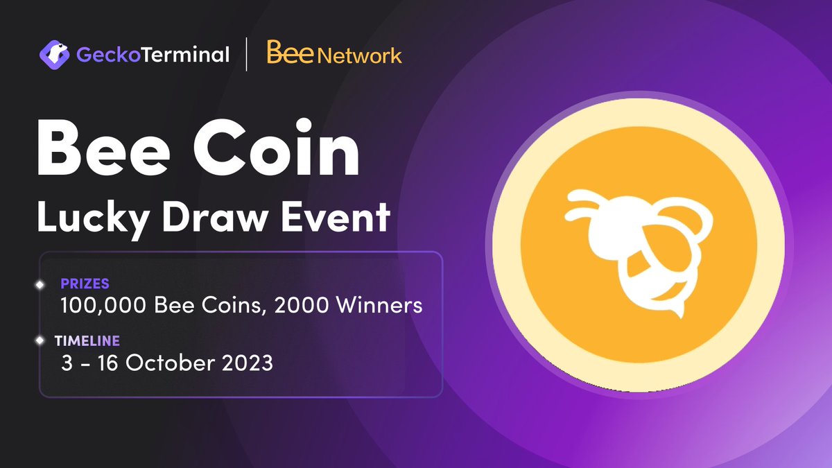 🦎x🐝 Exciting to announce partnership between #BeeNetwork &amp; <a href="/GeckoTerminal/">GeckoTerminal</a> 

GeckoTerminal is a Real-time DEX Tracker and on-chain charting tool from @CoinGecko...

Check out the Bee Network x Gecko Terminal 100k coins giveaway. j.bee.com/d.html?EventId…