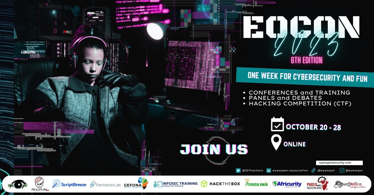 🙌 Exciting news! 🌐 We're thrilled to join #EOCON2023, uniting with the cybersecurity community for a secure digital future in Africa.

At GEFONA, we're committed to digital development. Our mission aligns with <a href="/237hackers/">EyesOpen Security</a> 's focus on cybersecurity, tech, and policy.