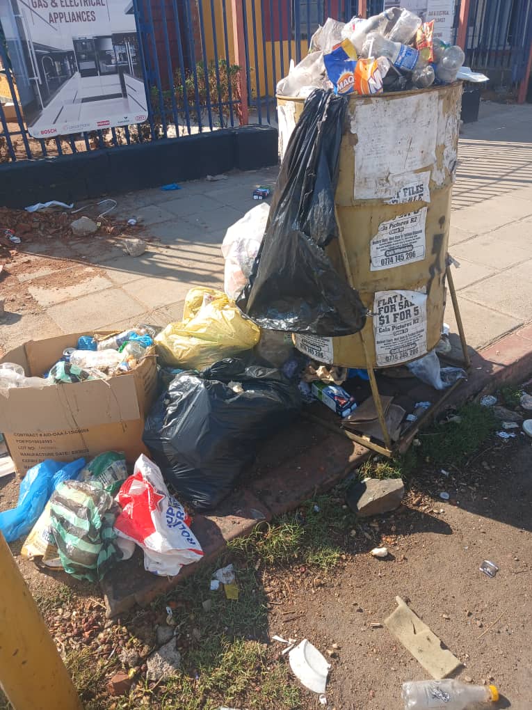 tapc's tweet photo. @CityofBulawayo @DavidColtart 
Dear BCC

How are residents supposed to play their part when our bins in the CBD are like this? This one (Cnr JMN Nkomo &amp; 14th) has been overflowing since last week.

You should lead by example, &amp; fine yourself $30 every day for every bin like this. https://t.co/mBG3k9mEBY