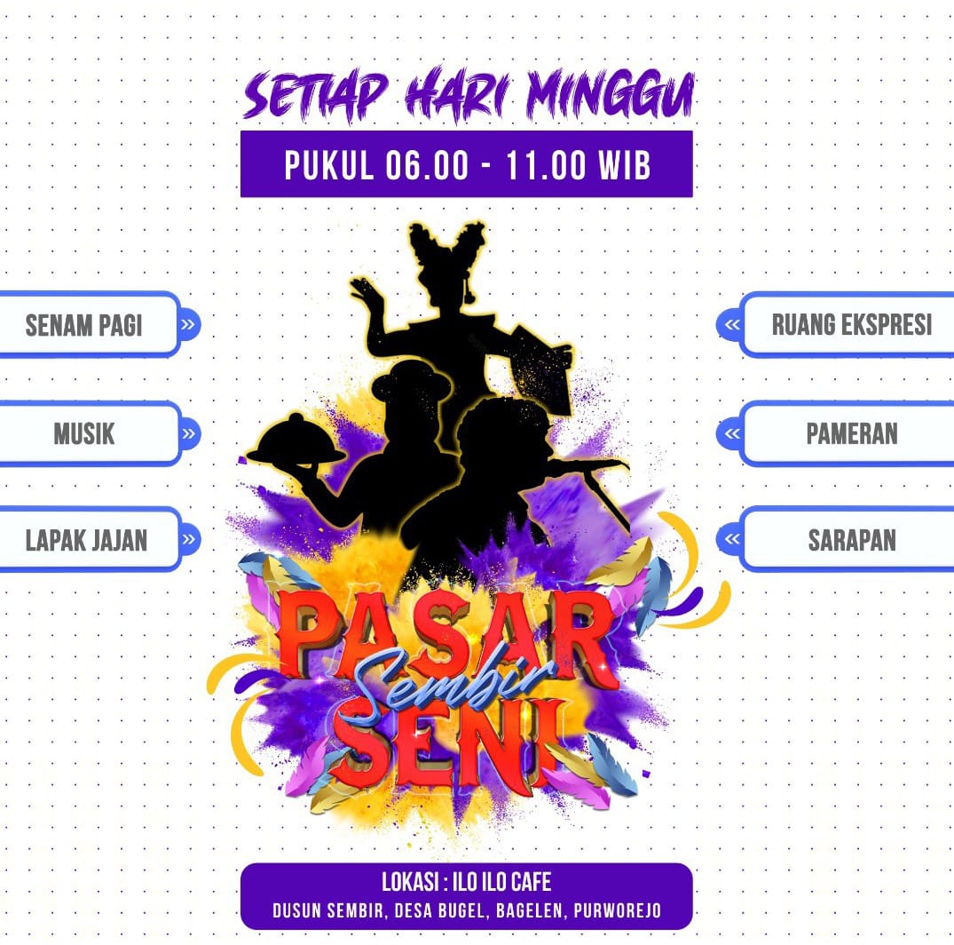 #AgendaPurworejo | 08/10/2023

<a href="/PASARSENISEMBIR/">PASAR SENI SEMBIR</a>,  Program Baru Kampung Budaya Sembir+Sanggar Seni Isjwara, akan hadir tiap Minggu pagi: senam pagi bersama, ruang ekspresi (terbuka untuk sekolah, komunitas, umum), pameran, lapak jajan, musik (karaoke/live)

wa.me/6285728727741