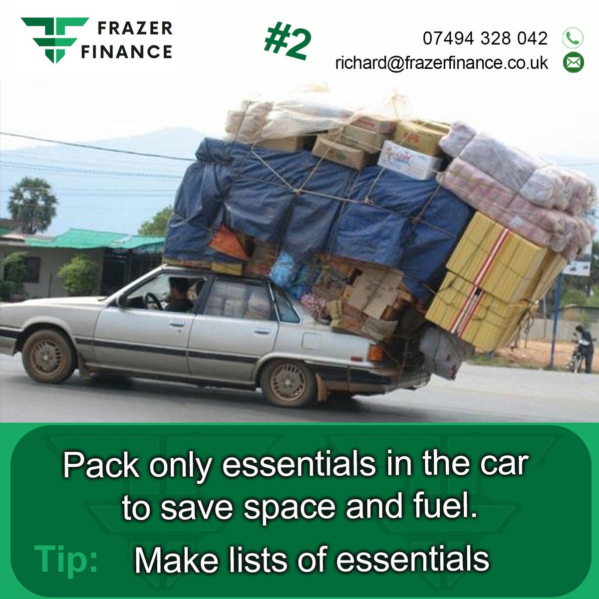Pack only the essentials in the car to save space and fuel
Make lists of essentials!
What is the most unnecessary thing in your boot currently?
Link to Blog:; bit.ly/3BOaFGl

#vehiclemaintenance #carmaintenance #vehicle #carcareproducts #worcestershirehour #frazerfinance