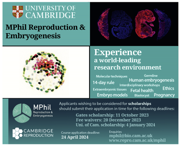Ready to explore the miracle of life? 

The MPhil Programme on Reproduction and Embryogenesis offers 

- teaching from over 25 world-class faculty members 

- 8-month research project

Scholarships for underrepresented groups available!

Apply before the deadline!