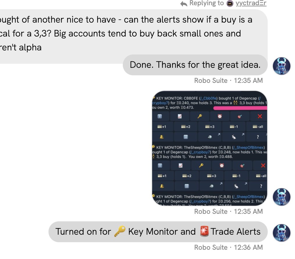 RoboSuite's tweet image. Devs out here making small updates with big impact all day, every day! 

Custom bot features based on key holder requests 🤝 we aim to please!  GG @yyctrader1