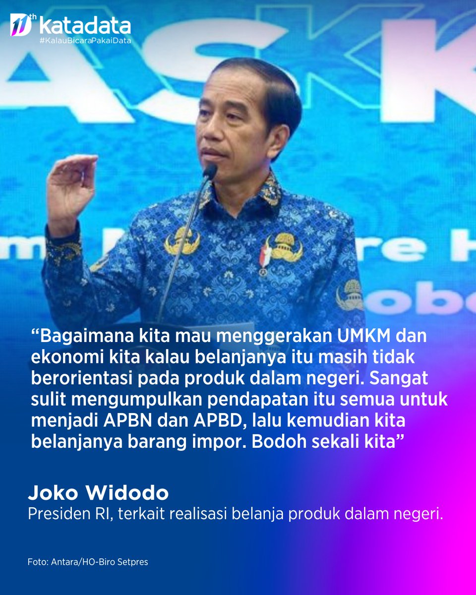 KATADATAcoid's tweet image. Jokowi mendorong instansi pemerintah maupun BUMN agar mengoptimalkan porsi anggaran untuk belanja produk dalam negeri.

Ia memaparkan realisasi belanja produk domestik dalam APBN masih kisaran 69 persen.

Baca selengkapnya: katadata.co.id/yuliawati/beri… #Jokowi #APBN #APBD #UMKM