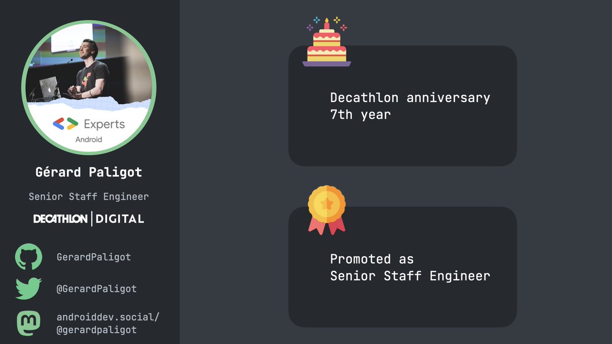 Exactly 7 years ago, I joined Decathlon as a software engineer. 🎂

Today, I'm pleased to announce that I've been promoted Senior Staff Engineer! 🎉

Thanks <a href="/decathlon_tech/">Decathlon Digital</a> and my manager <a href="/Julien_2k/">Julien Konczak</a> for this long and awesome professional story!