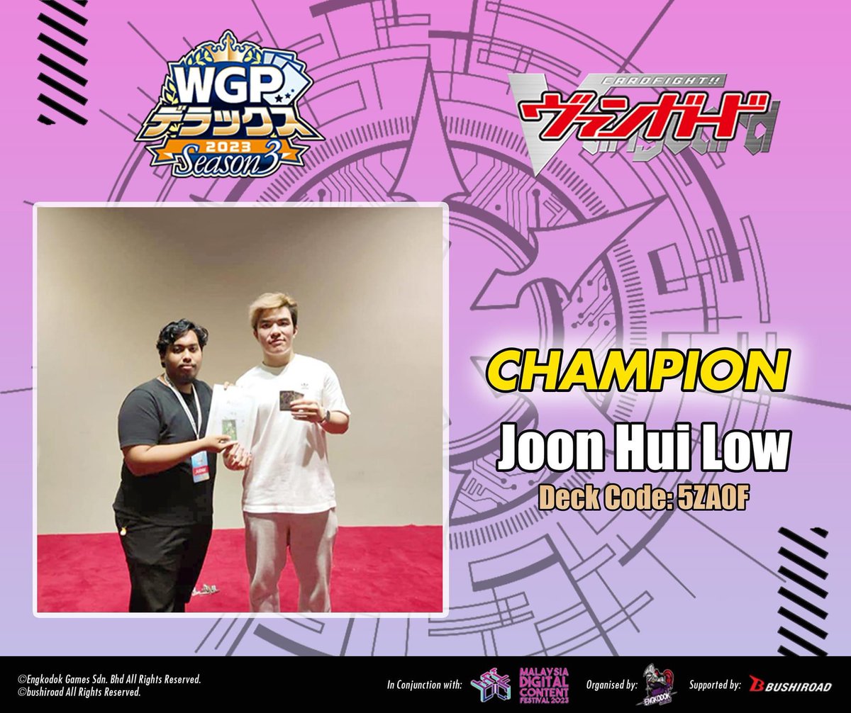 WGP Season 3
R1 -Youthberk ✅2nd
R2 -Drajeweled ✅1st
R3 -Lianorn ✅1st 
R4 -Morfonica ✅1st
R5 -MyGo ✅2nd
R6 -Nirvana ✅2nd
R7 -Lianorn ✅2nd
R8 -Youthberk ❌2nd
R9 -MyGo ✅1st

Top 8-MushiKing ✅1st
Top 4-Seraph ✅2nd
Final-Lianorn ✅1st

#VGTopDecks
#ヴァンガードデッキ紹介