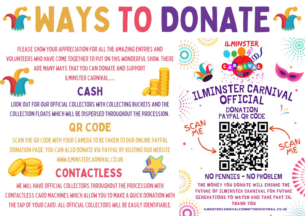 🌟WAYS TO DONATE🌟

Please show your support for Ilminster Carnival this year by making a donation via one of the methods below. Your donations allow us to put on the carnival each year and will ensure the future of carnival 🎭

ilminstercarnival.co.uk/paypal-donatio…