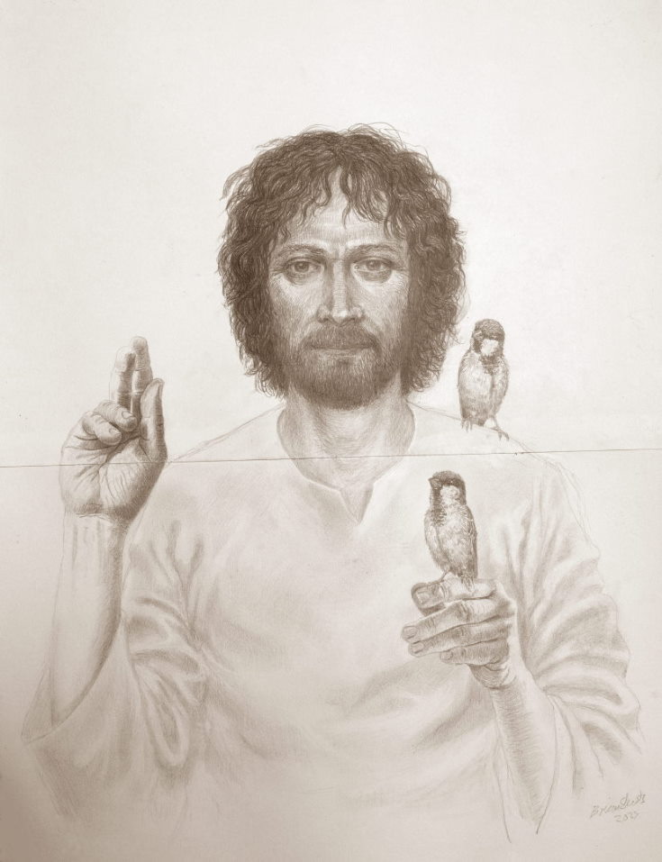 Pencil study towards a painting for St Leonards church, Loftus. Indebted to my good friend Michael <a href="/Hallowedart/">Art Lovers Archive</a> and my Claire for planting the seeds. 'Are not two sparrows sold for a penny?Yet not one of them will fall to the ground outside your fathers care..' Matthew 10:29-31