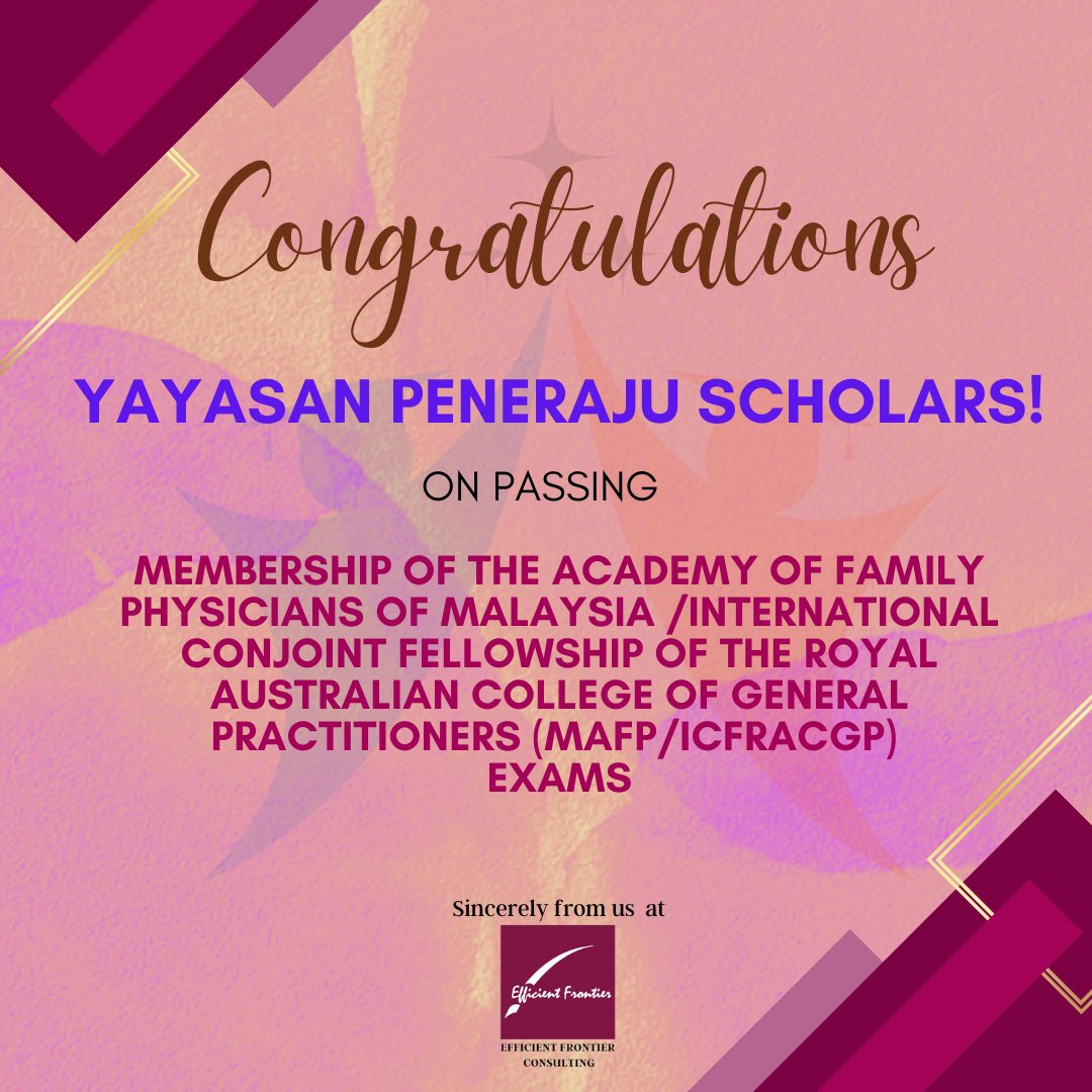 Efficientefc's tweet image. A heartfelt congratulations to the Yayasan Peneraju Spesialis scholars who have successfully passed Part II examination and completing their MAFP program!

Impressive achievement!  

#MAFP #Familymedicine #MedicalAchievement #yayasanpeneraju