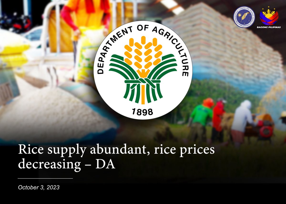 Department of Agriculture (DA) officials today said that the rice production has increased with the country obtaining 52 days-worth of rice supply by the end of September. Read: pco.gov.ph/Rice-supply-ab…