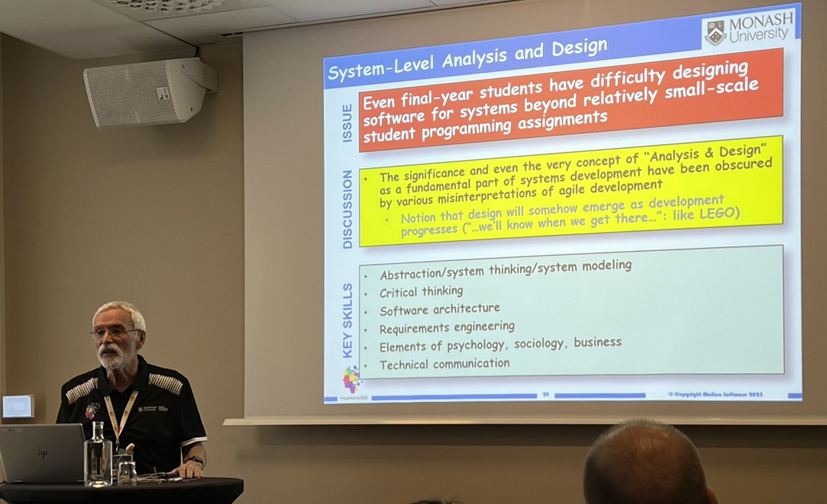 seidewitz's tweet photo. Bran Selic giving the keynote at the  #models2023 Educators Symposium, making a point in the disappearance of Analysis and Design in Software Engineering. https://t.co/DFWUwQjogx