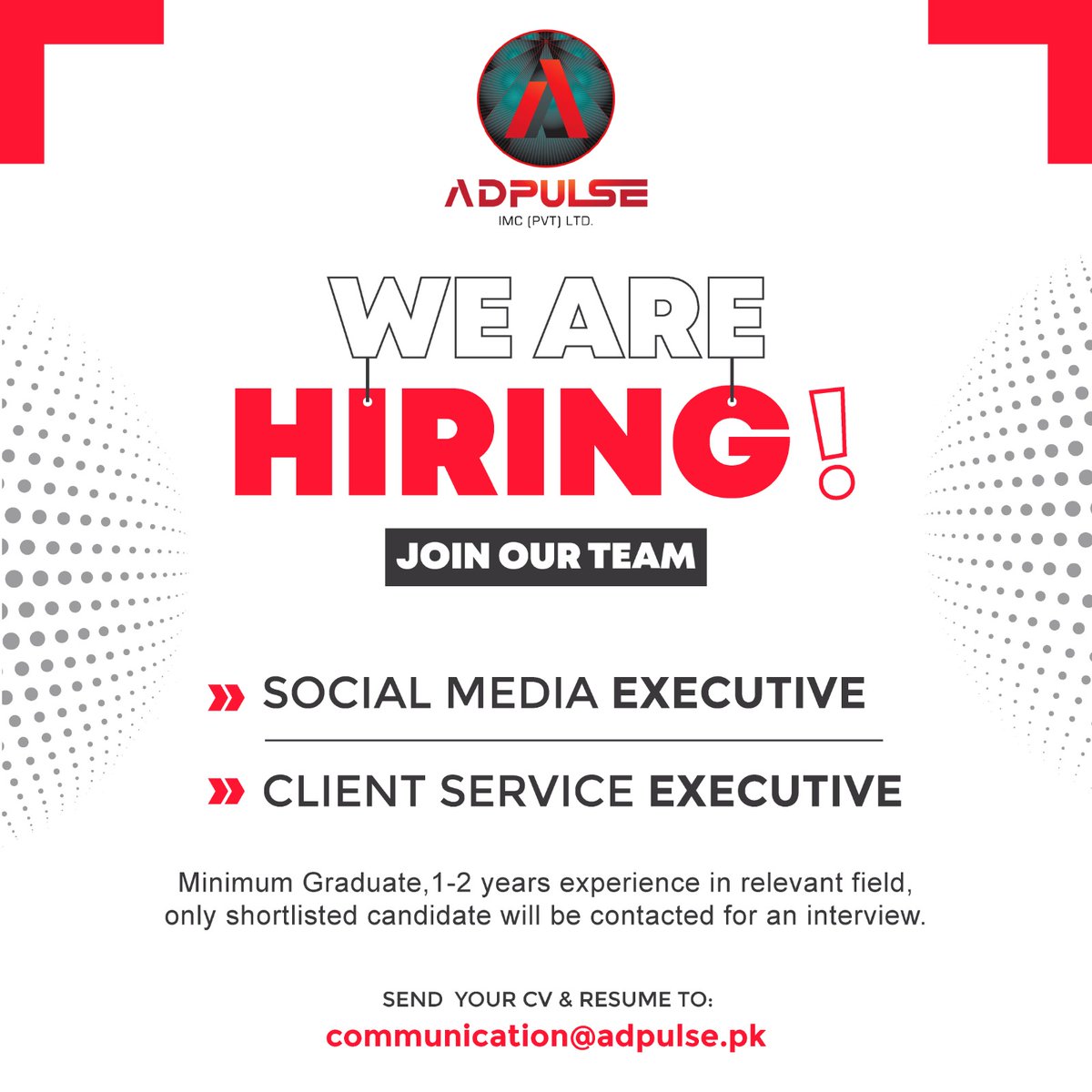 AdPulseIMC's tweet photo. "Join our dynamic team at Adpulse! We're on the lookout for passionate Social Media Executive and Client Service Executive to drive innovation and excellence in the world of advertising. Apply now!
#AdPulseIMC #AdpulseHiring #SocialMediaJobs #ClientServiceJobs #JoinUs https://t.co/vUt8bHpSLn