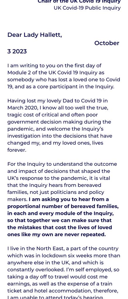 I have written to Lady Hallett asking why she's not listening to bereaved families. #EveryStorySilenced #OurStoryMatters #CovidJusticeNow #Covidinquiry