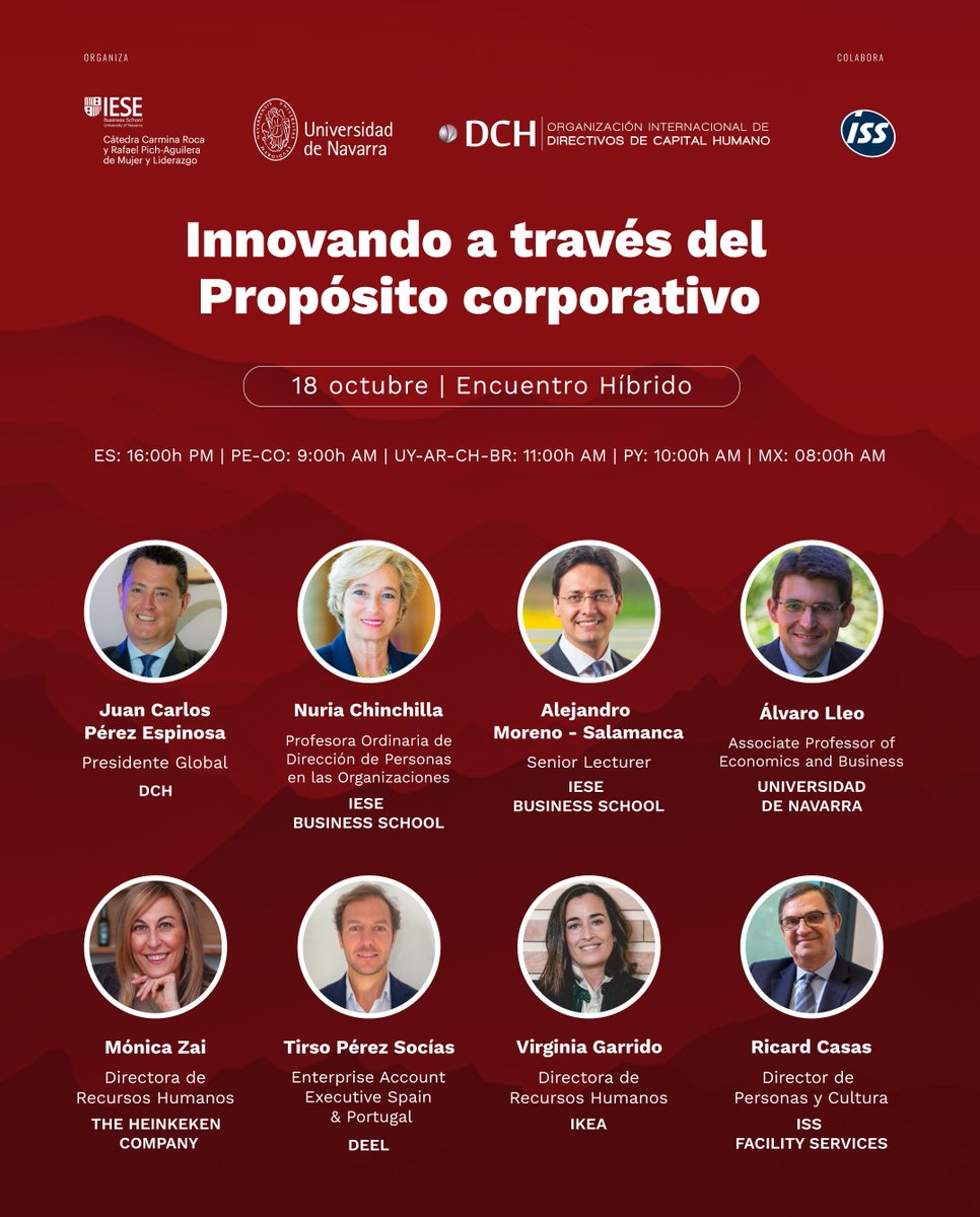 🔔 DCH presenta junto con <a href="/iesebschool/">IESE Business School</a> y <a href="/unav/">Universidad de Navarra</a> , el I Barómetro Iberoamericano sobre la Implantación del Propósito Corporativo. 

📅 18 octubre ▫️Formato: Híbrido
⏰ 16:00h 🇪🇸 | 9:00h AM 🇵🇪🇨🇴| 11:00h AM 🇺🇾🇦🇷🇧🇷 🇨🇱 | 10:00h AM 🇵🇾 | 08:00h AM  🇲🇽
📝Registro: lnkd.in/dy3RNR2X