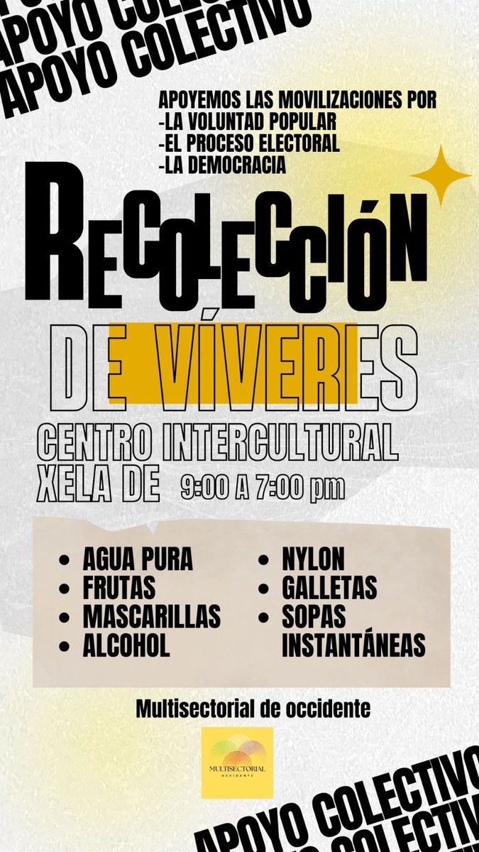 DJ_Urizar_7's tweet photo. @fiaheisenberg Desde el @C_CiudadanoXela y la #MultisectorialDeOccidente hay una recaudación de víveres para los y las compañeros en resistencia en las tomas de #Totonicapán, #Nahualá y otros territorios del occidente.
Esta será en el #CentroInterculturalDeQuetzaltenango https://t.co/D0ESP0jvdu