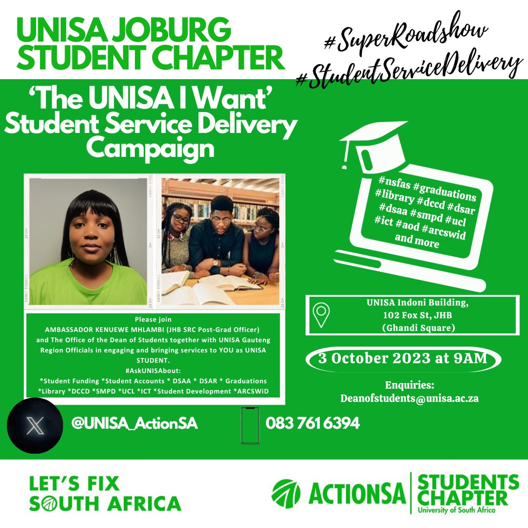 ActionSA_JYF's tweet photo. ActionSA is well represented in UNISA!
Please join our Regional Students Officer and UNISA JHB SRC Post Grad Officer with the Dean of Students Officials on their Student Service Delivery trail. Various Dept will be available to handle #studentmatters
@HermanMashaba @Action4SA https://t.co/kKIIfx24O4