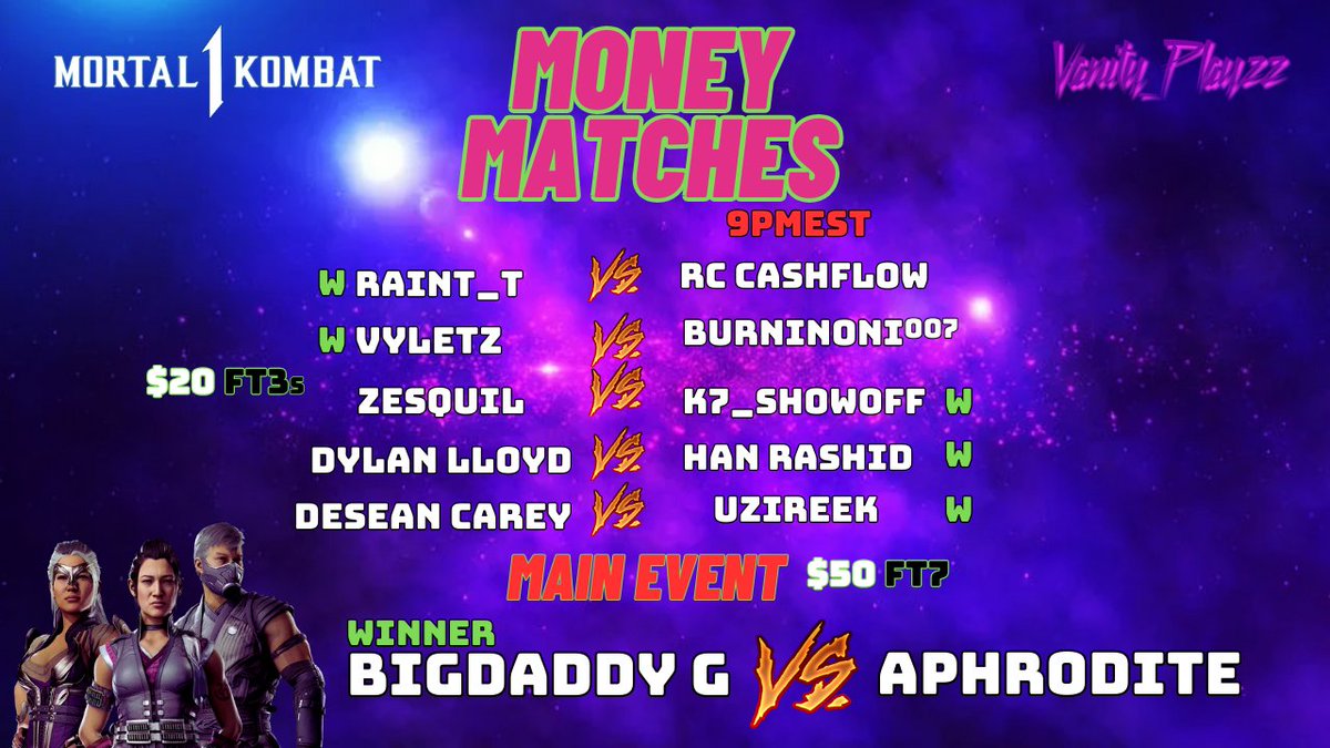 a_vanityxoxo's tweet photo. Incredible 1st Event Tonight &amp; we got $50 donations so we did 2 more matches!! Tonight was amazing, congrats to all the winners!!! 🎊💸

@RainT_T_ $20
@VyIetz $20
@k7_Showoff $20
@ElhaanR $20
@UziReek $20

Main Event winner @imBigDaddyG $50
Pot Bonus @NTK_Aphrodite $10 https://t.co/oaghkzJfcC