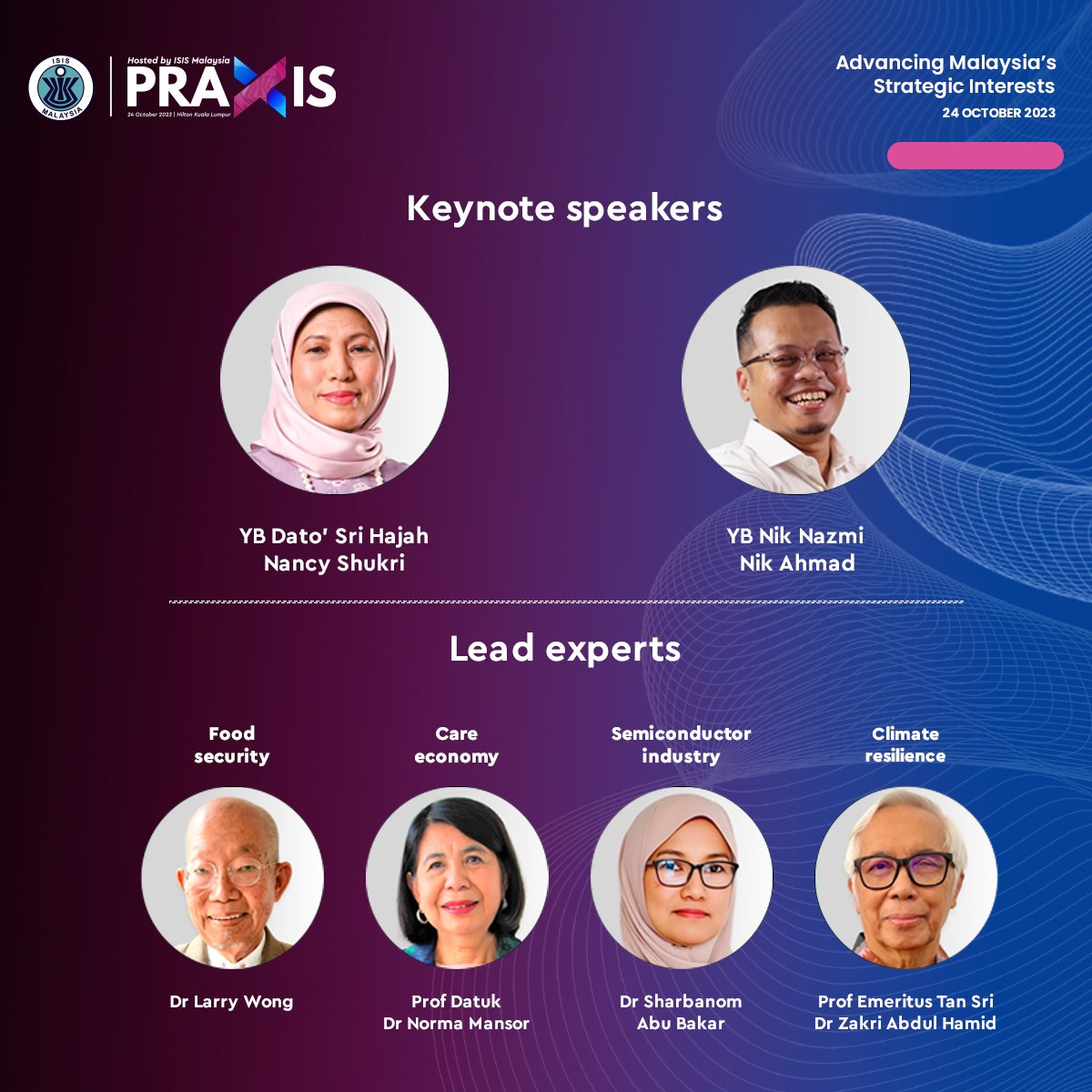 ISIS_MY's tweet photo. #PRAXIS2023 will feature keynote speakers YB Dato' Sri @NancyShukri &amp; YB @niknazmi, as well as a distinguished line-up of lead experts &amp; panellists discussing the state of #foodsecurity, #careeconomy, #semiconductor &amp; #climateresilience in #Malaysia.  https://t.co/I8IRTStt1g https://t.co/zVxykNPxXX