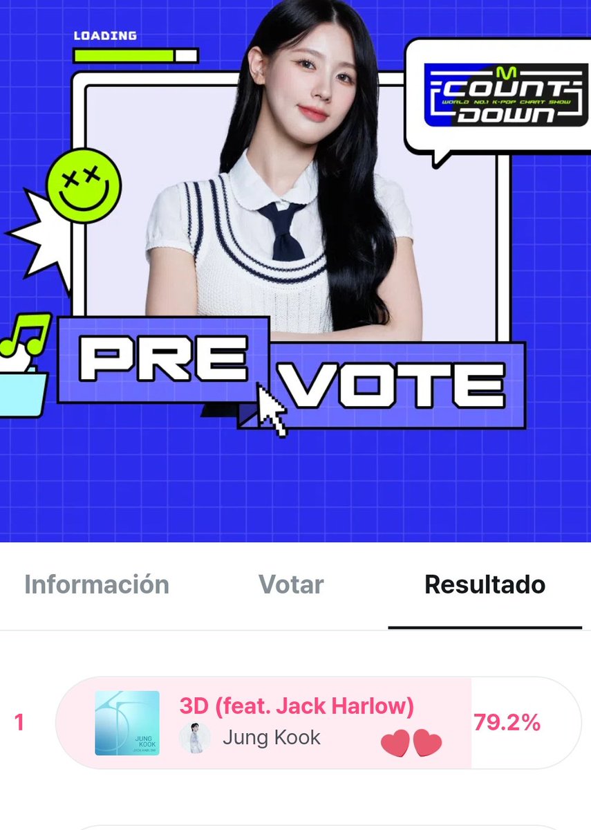 🗳️ PRE - VOTACION - MNET 

 ¡ARMY! "3D" (feat. Jack Harlow)' de #JungKook está nominada en la pre-votación de M COUNTDOWN finaliza en unas horas. 

No olvides dejar tus votos 👇
(mnetplus.world/community/vote…)

<a href="/BTS_twt/">방탄소년단</a> #JungKook_3D