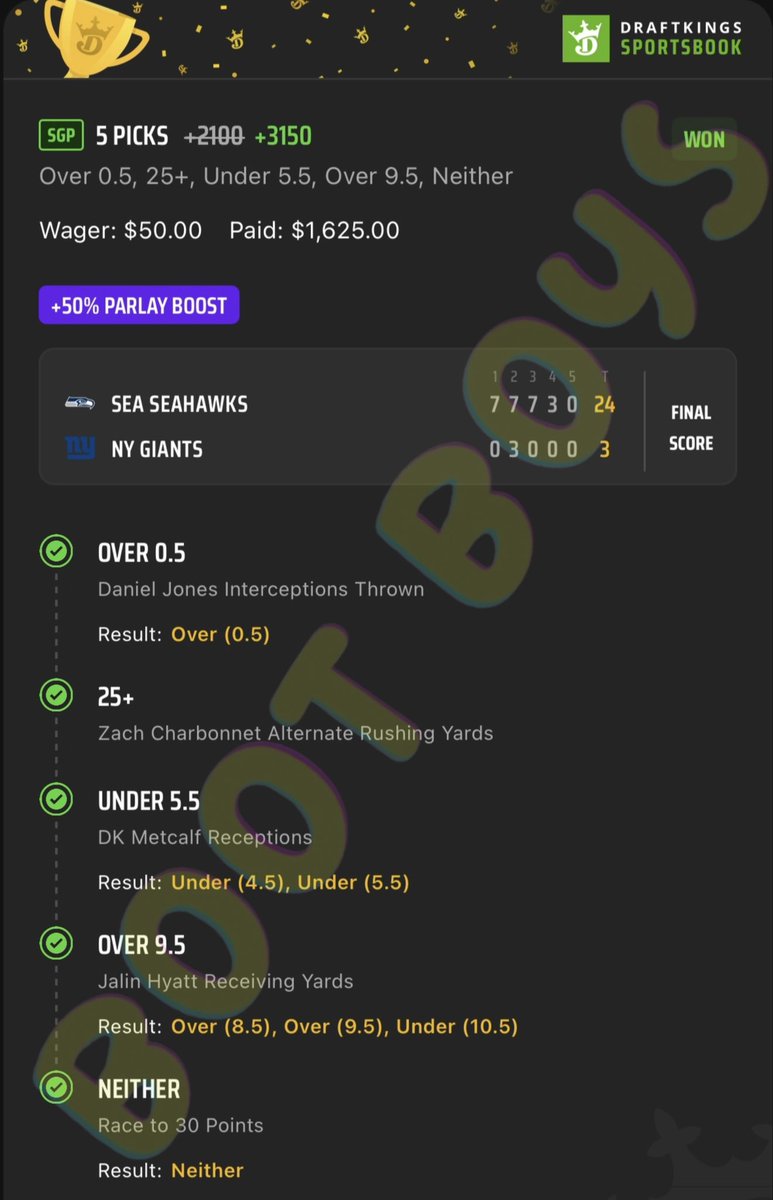 bootboyspicks's tweet image. 🚨🚨 Cash the MNF SGP🚨🚨

✅✅ +3150 SGP   ✅✅

💰💰$50 ➡️➡️➡️ $1625💰💰

Gotta admit, that game was hard to watch…but cashing this beauty made it worth it!  Ending the night in Green✅

#gamblingtwitter #sportsbetting #Seahawks  #Giants  #NFL