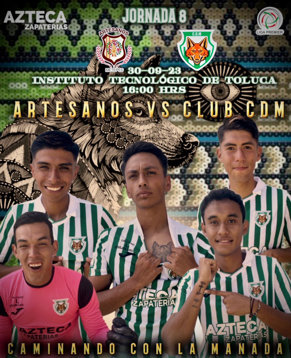 🎨| 𝐄𝐋 𝐍𝐎𝐁𝐋𝐄 𝐀𝐑𝐓𝐄 𝐃𝐄𝐋 𝐅𝐔𝐓𝐁𝐎𝐋.

Los Lobos de Xochimilco viajan al Tecnológico  de Toluca para enfrentar a Artesanos Metepec este sábado 30 de septiembre a las 16:00 hrs en la jornada 8 de la <a href="/LigaPremier_FMF/">Liga Premier FMF</a> 

#CaminandoConLaManada