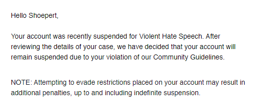 Shoepert's tweet photo. .@TwitchSupport  I guess you can't ask what you're banned for.  Guilty until proven innocent.  See you around maybe. https://t.co/HhsQQ2jL4x