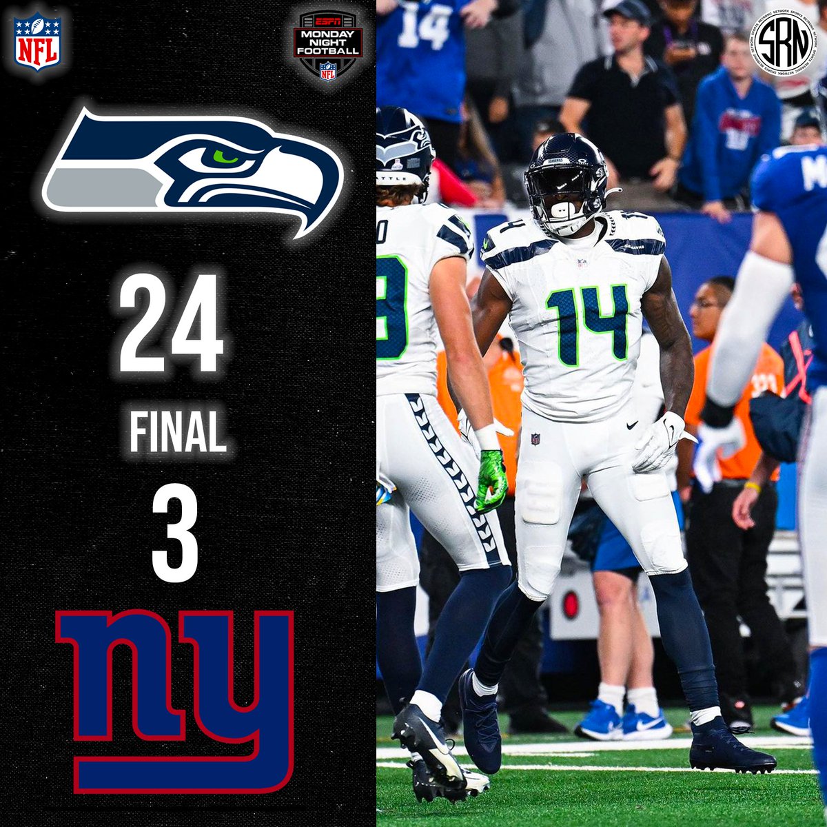 retronicnetwork's tweet photo. Seahawks swoop down on the Giants, snatching a 24-3 W on MNF! ๐ฅ๐ #SeattleDomination #MNF #NFL https://t.co/mF7CnWKbvt