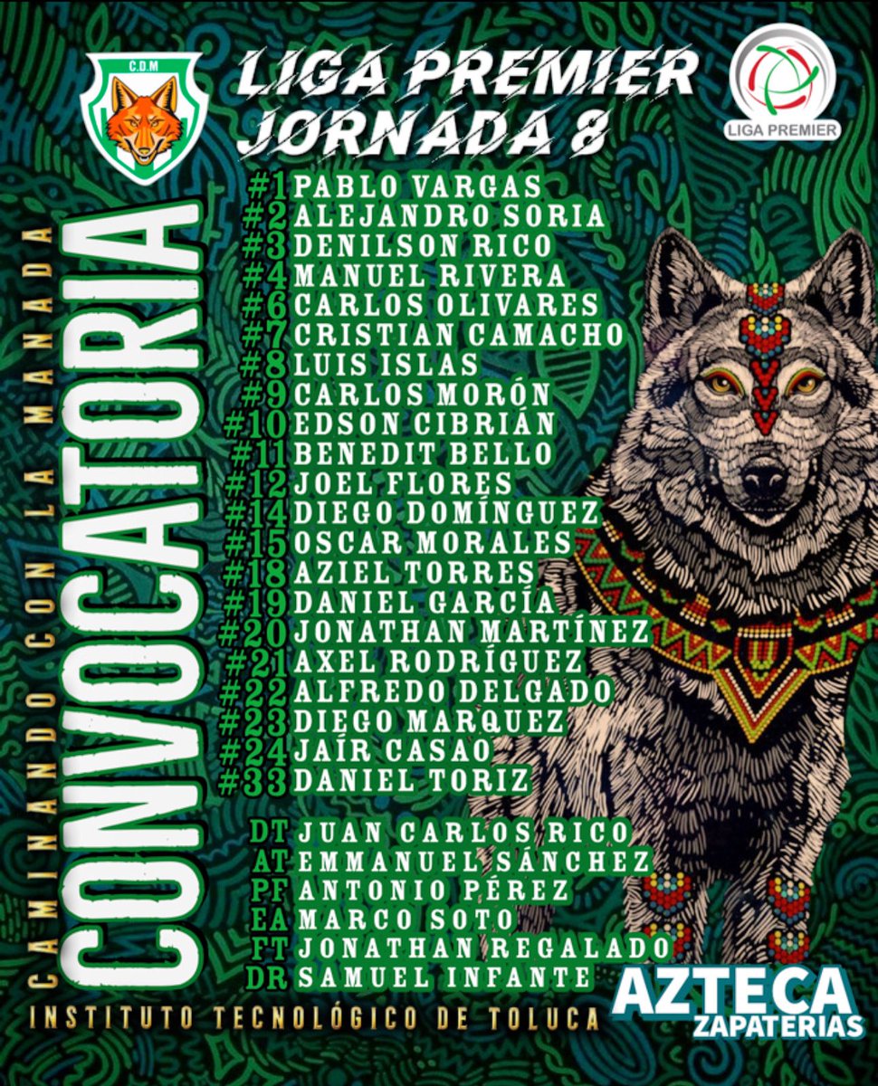 🛣️| 𝐑𝐔𝐌𝐁𝐎 𝐀 𝐓𝐎𝐋𝐔𝐂𝐀!

Estos son los Lobos convocados por nuestro DT Juan Carlos Rico para visitar el Tecnológico de Toluca en la jornada 8 de la <a href="/LigaPremier_FMF/">Liga Premier FMF</a>  ante Artesanos
Metepec

#CaminandoConLaManada
#DondeElFútbolEsAlgoMás