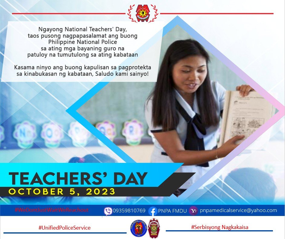 FmduPnpa's tweet photo. TODAY'S NATIONAL TEACHERS DAY, the whole Philippine National Police sincerely thanks our heroic teachers who continue to help our youth.
The whole police are with you in protecting the future of the youth, We salute you!
#UnifiedPoliceService
#SerbisyongNagkakaisa https://t.co/UlPKvGwM19
