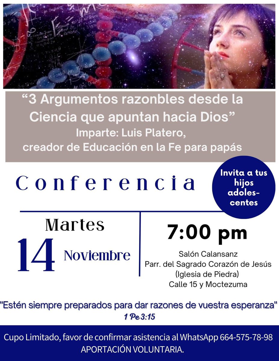 wecaro2's tweet photo. ¿Te han dicho que la ciencia refuta a Dios? ¿Sabías que de hecho, la ciencia moderna ha hecho 3 descubrimientos que APUNTAN de forma contundente hacia Dios? Si quieres saber la verdad sobre este importante tema, no puedes perderte la conferencia. https://t.co/wowJ3hVfYP
