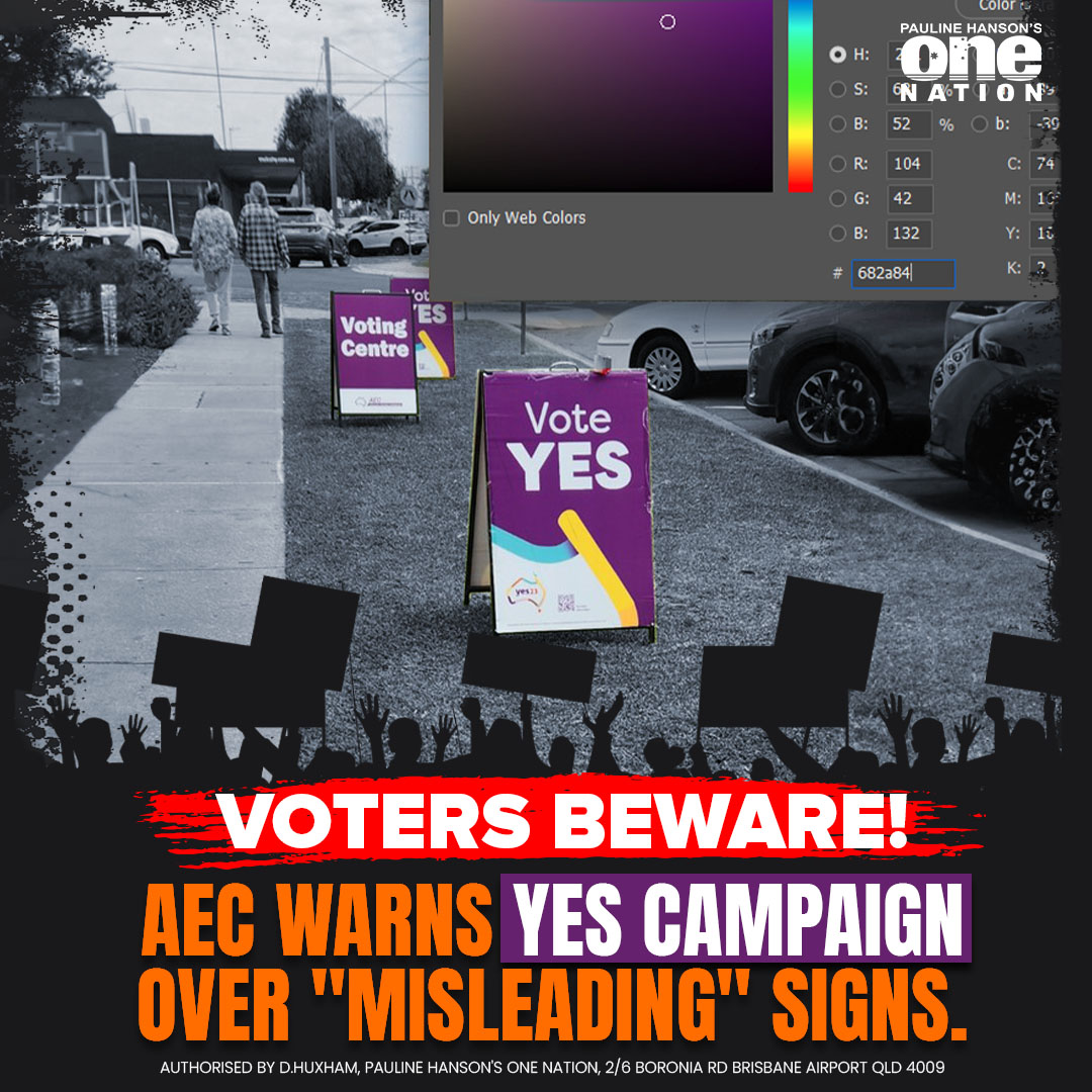 PaulineHansonOz's tweet photo. "The AEC has called out the Yes campaign for using purple signs which could potentially 'mislead voters about the source of a campaign message'." - writes @brielle_burns3 for @newscomauHQ 

Read More: https://t.co/hG2dBABQ7G https://t.co/6ZnZaMWtge
