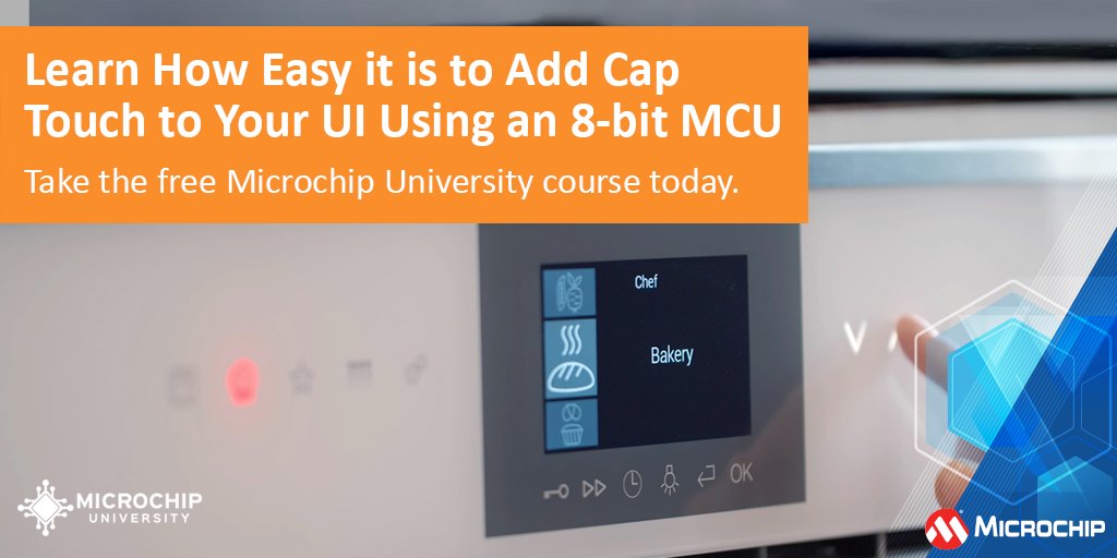 MicrochipTech's tweet photo. Learn about capacitive touch design. This FREE course uses MPLAB® X, MCC Melody, and Microchip Touch libraries to create a capacitive touch project with buttons and a slider. Register: https://t.co/LSAIV2mjZF. #capacitivetouch #MPLABX https://t.co/eWqtfQxlTg