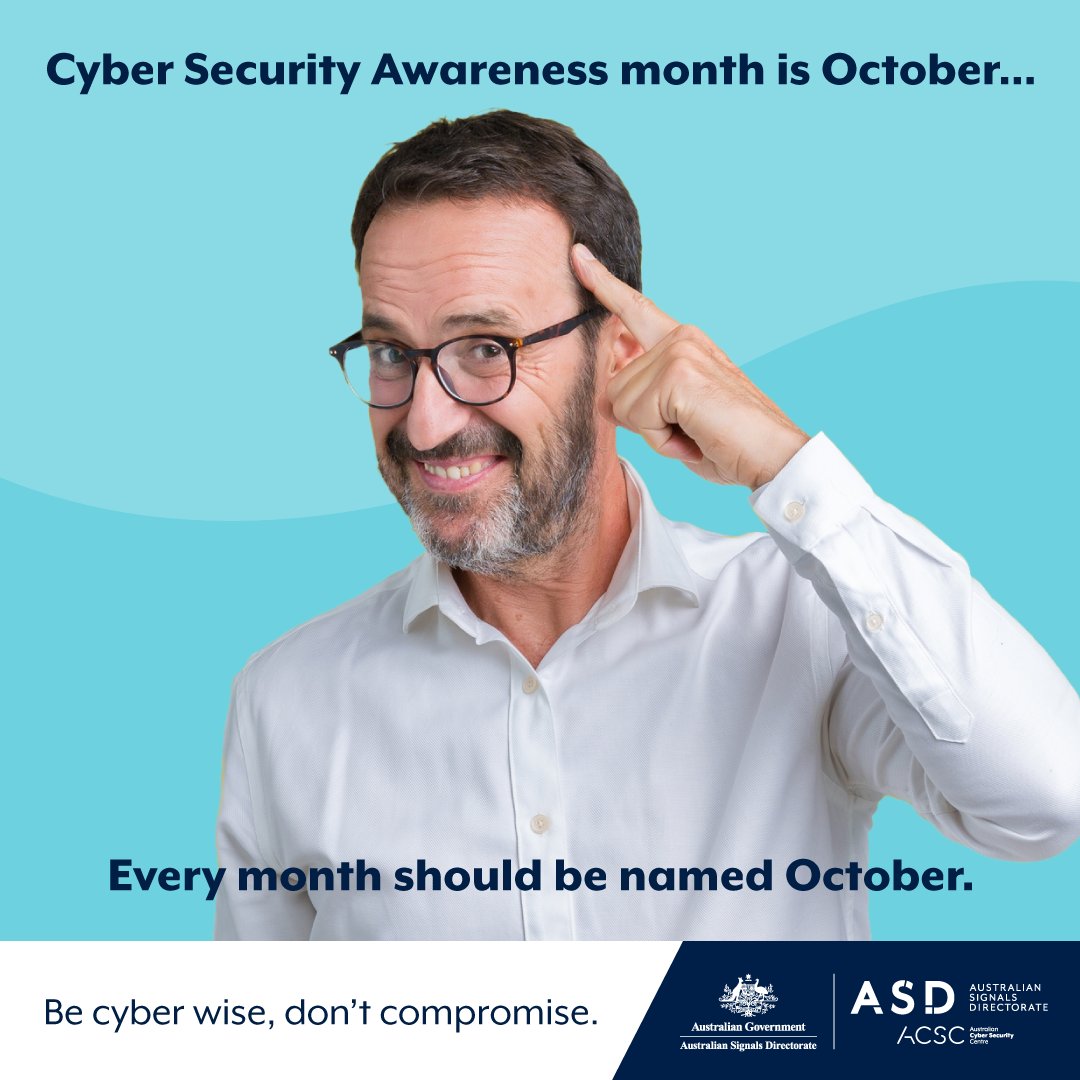 ASDGovAu's tweet image. We’re doing cyber security all year round… we think you should too!

This Cyber Security Awareness Month, keep an eye out for plenty of tips and info to help you stay secure.

For more, visit cyber.gov.au

#CyberMonth2023 #CyberSecurityAwarenessMonth2023 
#FVEYSCyber