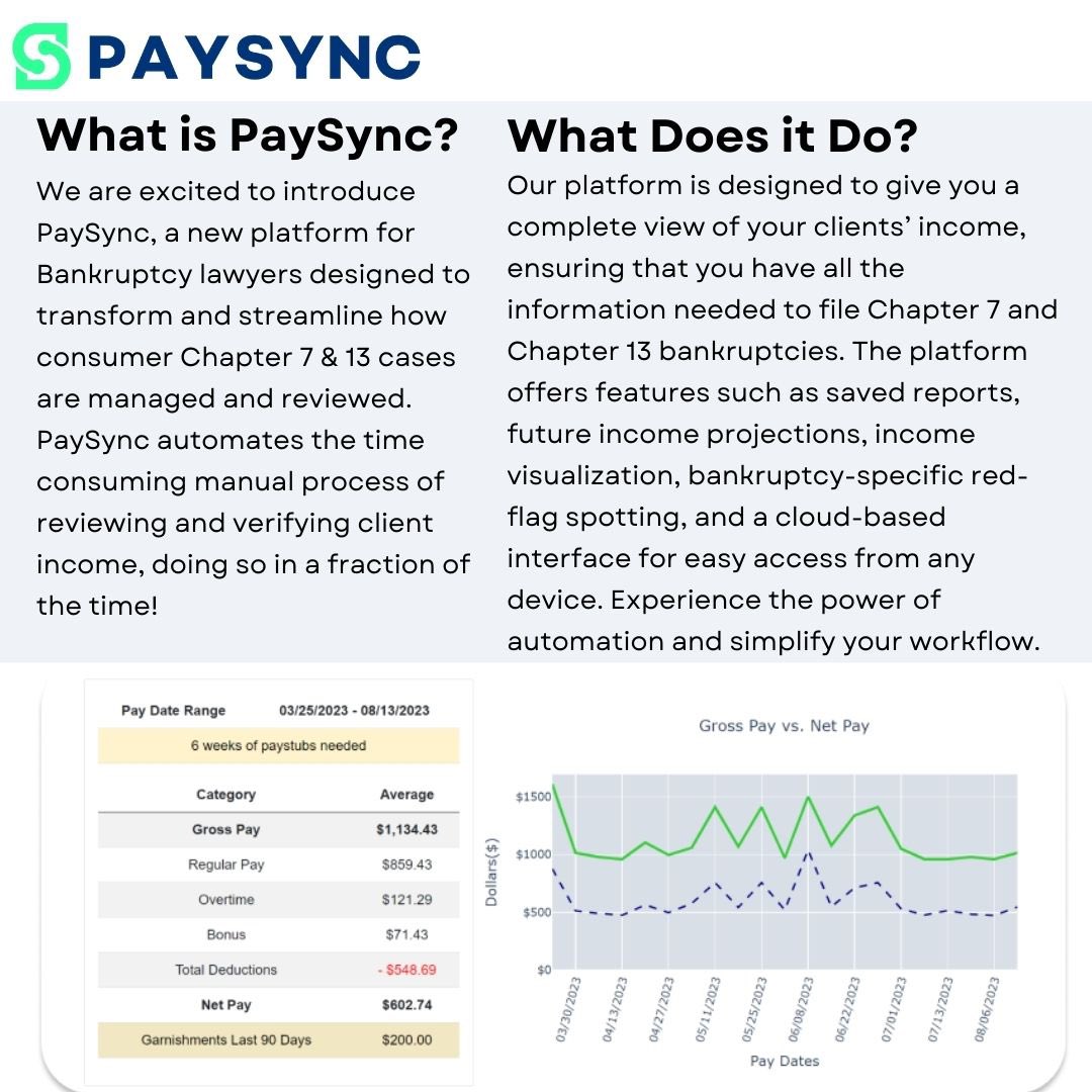paysyncapp's tweet image. Introducing PaySync: Revolutionizing Bankruptcy Case Management! Say goodbye to manual income review and hello to efficiency. #PaySync #bankruptcylawyer #automateyourworkflow #legaltech #automation #incomereview, #law #paystubs #debt