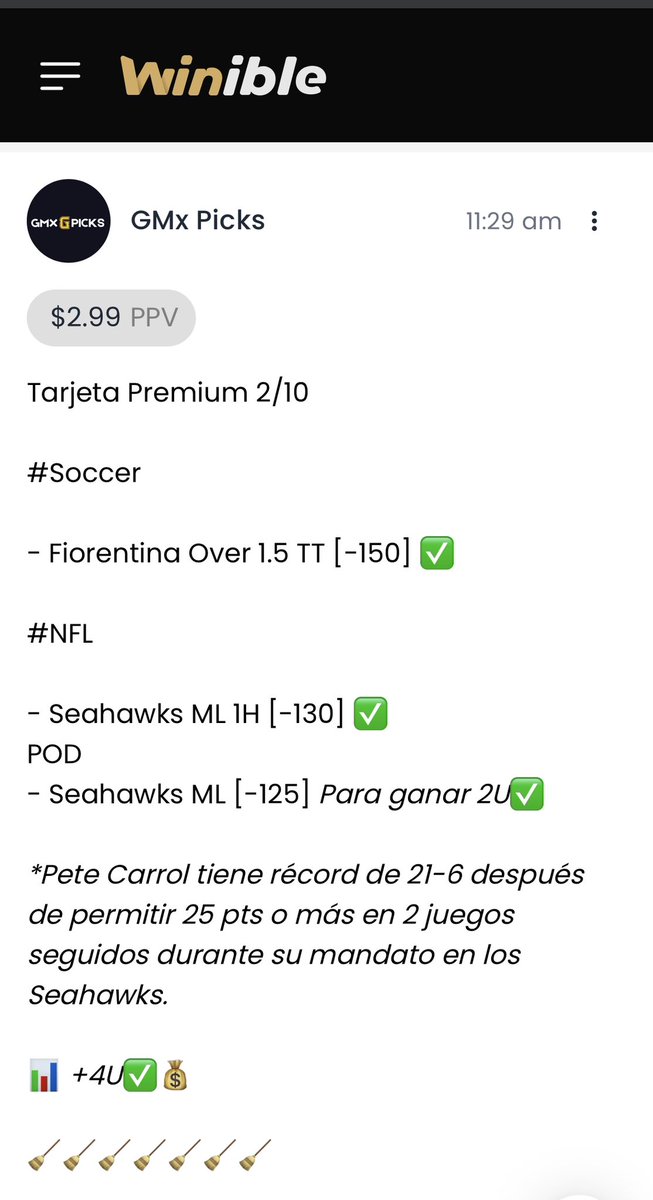 GMx_Picks's tweet photo. ¡DÍA PERFECTO EN PICKS #PREMIUM!
3 de 3 ✅✅✅
📊 +4U✅💰
🧹🧹🧹
La #TenddnciaGanadora nos da un #VERDAZO para cerrar la semana 4 de #NFL con +3.28U
Paquetes premium en mi perfil de @winible: https://t.co/q4j5LmDXWG
O bien en mi #Discord: https://t.co/goDObkHsPC https://t.co/0ZTH4QnvBb