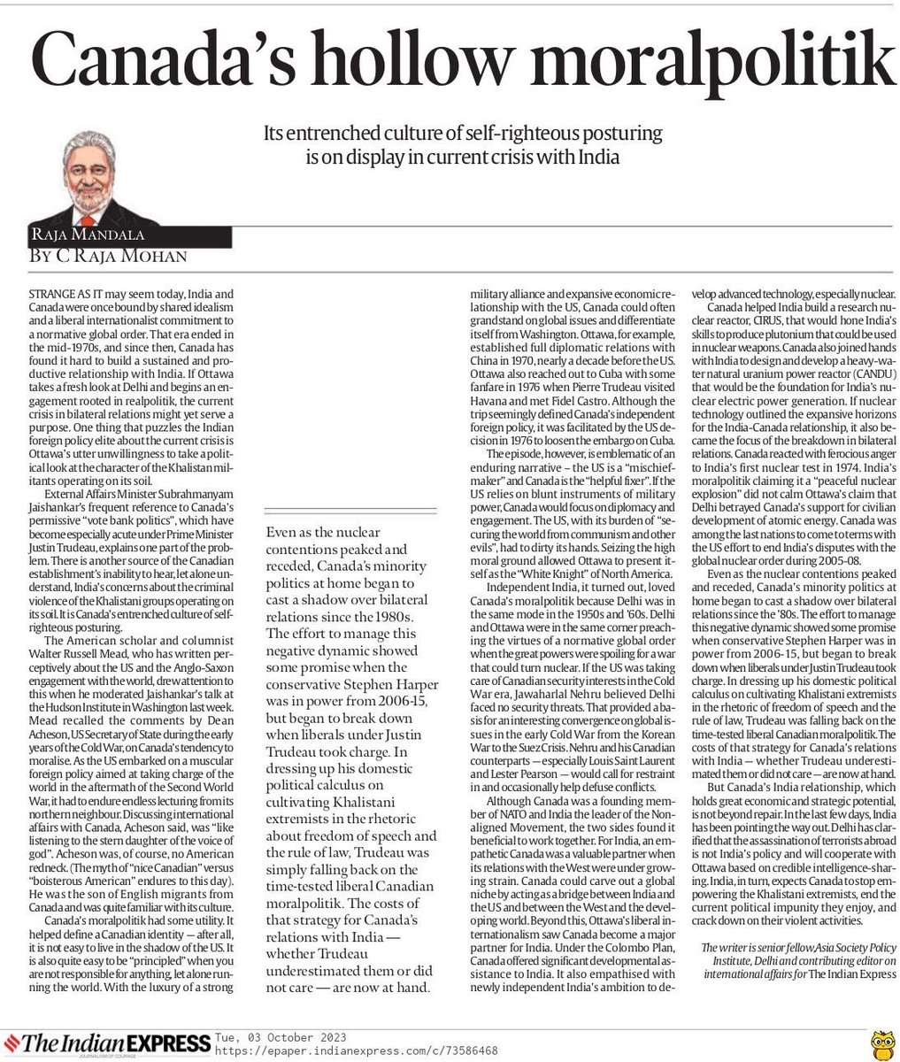MohanCRaja's tweet photo. On India and Canada’s Moralpolitik: https://t.co/bLUrrtydUx