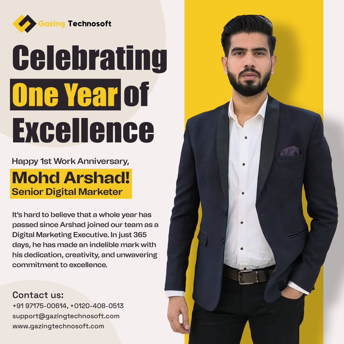 Today marks a significant milestone as we celebrate Mohd Arshad's 1st Work Anniversary at Gazing Technosoft! 🎉🌟🎈 
.
#WorkAnniversary #GazingTechnosoft #OneYearStrong #DigitalMarketer #ArrshadDigitalMarketer #ArshadDM