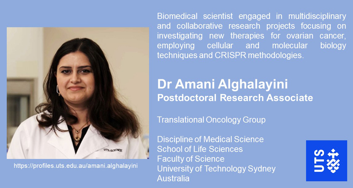 UTS Medical Science (@uts_medsci) on Twitter photo Introducing biomedical scientist Dr <a href="/AmaniAlghalayni/">Amani Gharbieh Alghalayini</a> who has recently joined the Translational Oncology Group <a href="/UTS_MedSci/">UTS Medical Science</a> to work on a <a href="/NHMRC/">NHMRC</a> project - "An Achilles’ heel of ovarian cancer: targeting ARID1A mutant tumours". Amani brings a wealth of skills & knowledge to the team. Introducing biomedical scientist Dr <a href="/AmaniAlghalayni/">Amani Gharbieh Alghalayini</a> who has recently joined the Translational Oncology Group <a href="/UTS_MedSci/">UTS Medical Science</a> to work on a <a href="/NHMRC/">NHMRC</a> project - "An Achilles’ heel of ovarian cancer: targeting ARID1A mutant tumours". Amani brings a wealth of skills & knowledge to the team.