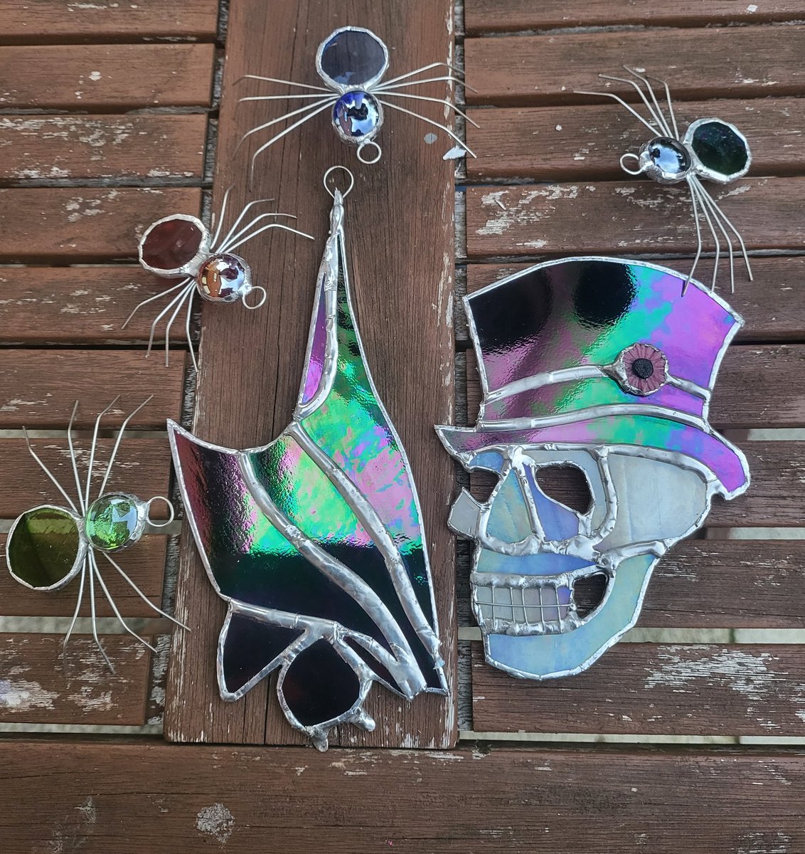 A few halloween pieces for my next craft fair in Mundesley 21st Oct.  #madeinnorfolk  #madebyme #Halloween #skull #spider #bat #stainedglass