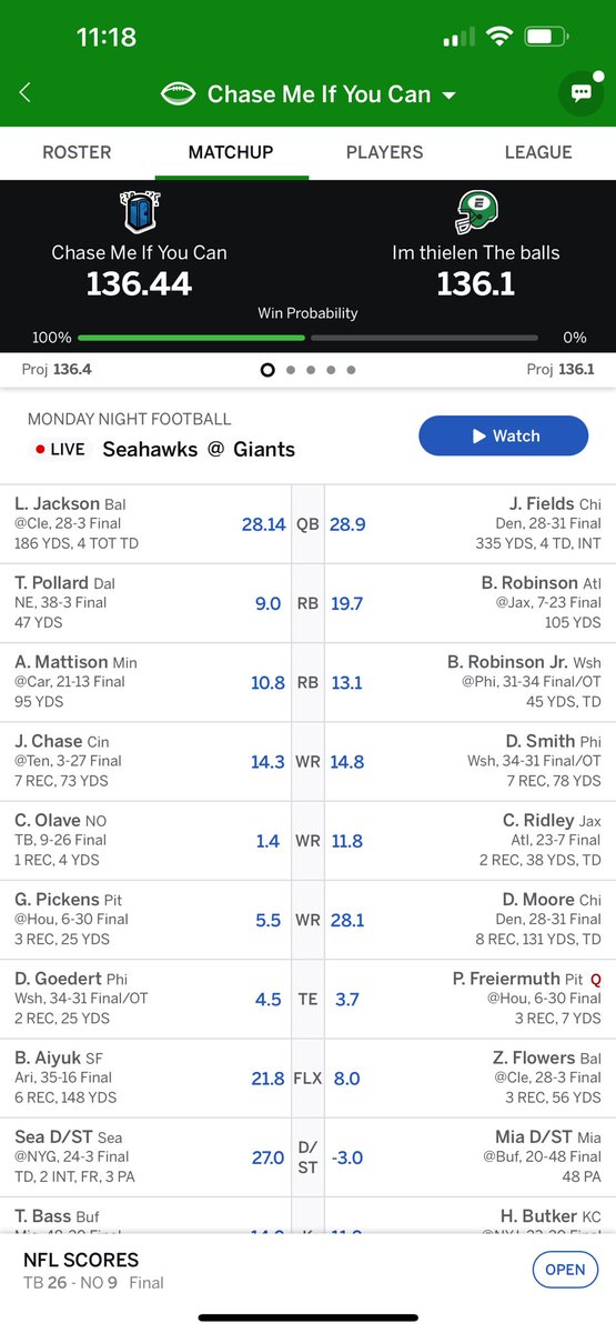 1981Jarred's tweet photo. @fantasyfocus needed 27 points from Seahawks Defense 💪 got the win by .34 points! https://t.co/D3sOzHiL92