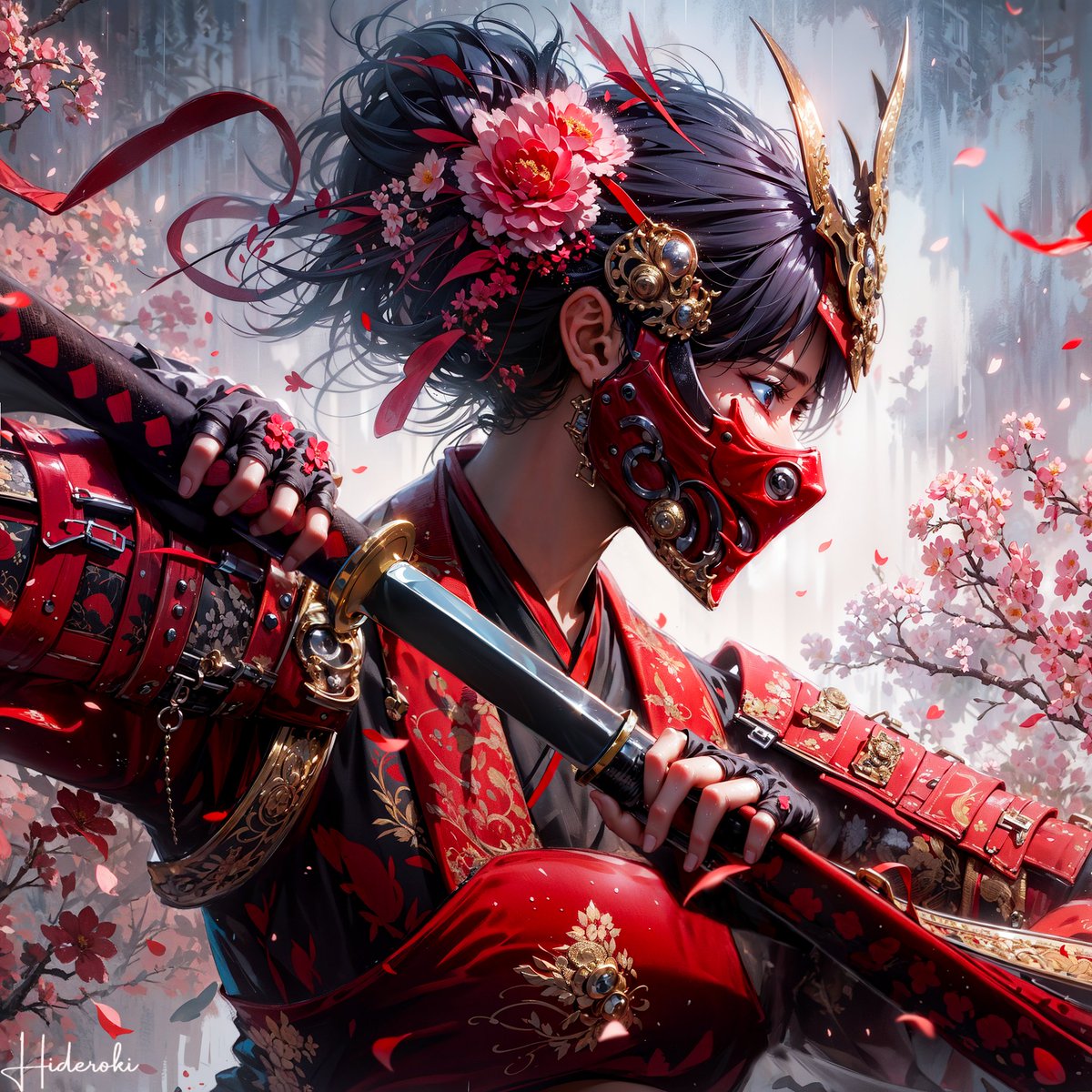Hideroki_'s tweet photo. Blooming 🌸

Last one in the Samurai series.
And another one for the #MaskedGaIs challenge by me xD 
#AIgirl #Samurai #LSES_AI #TensorArt https://t.co/JjeQYv7H25
