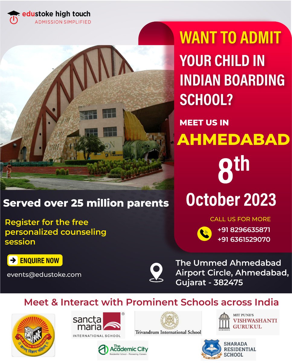 Are you in search of the best Indian boarding school for your child? Meet us in Ahmedabad on 8th Oct 2023 to explore some of the finest boarding schools in the country. #indianboardingschools #Ahmedabad  #bestboardingschools #boardingschools #india #trendingnow #edustoke